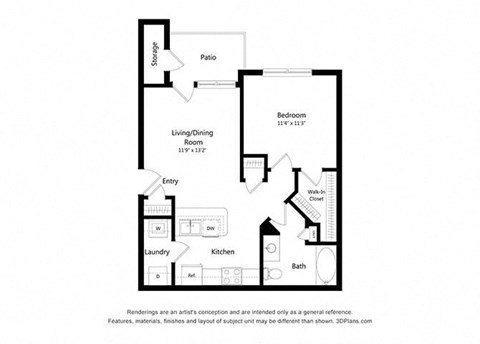 Floor plan for 1 bed, 1 bath, 651 sqft